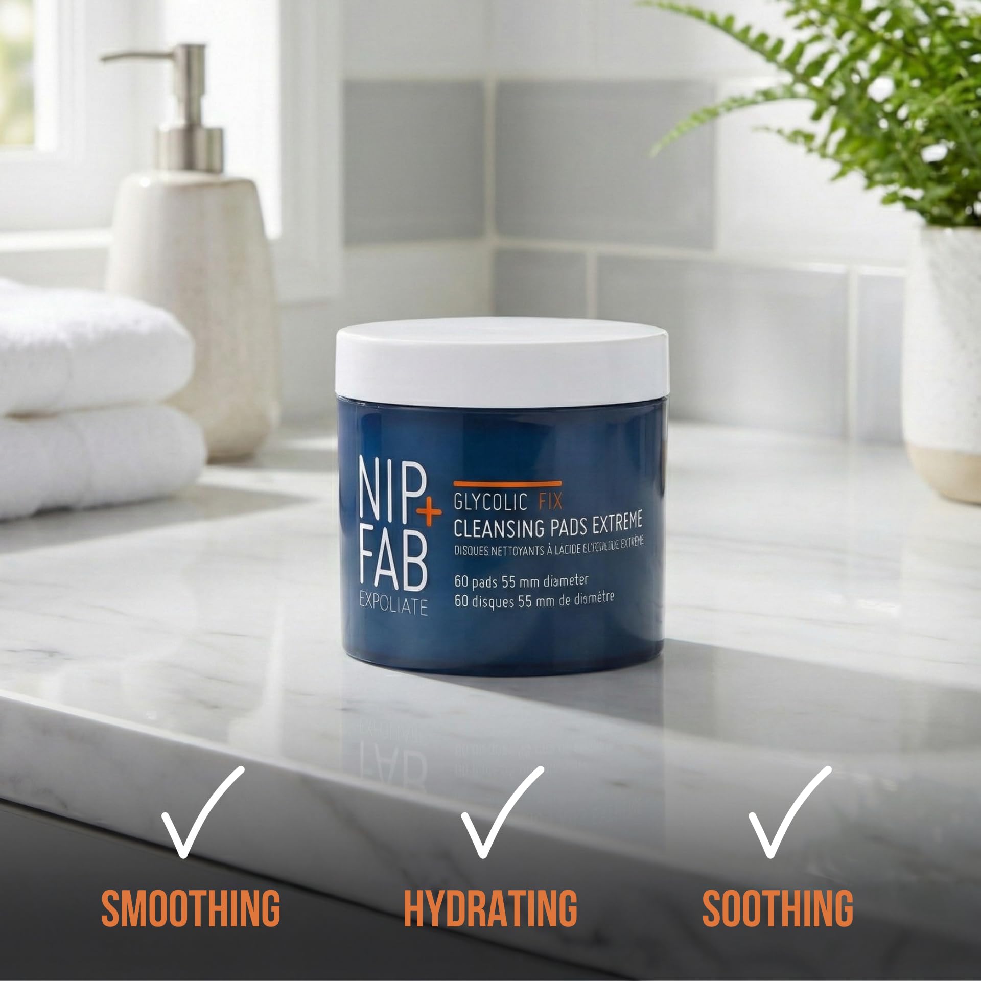 Nip+Fab tub beside everyday items showing 60-pad size