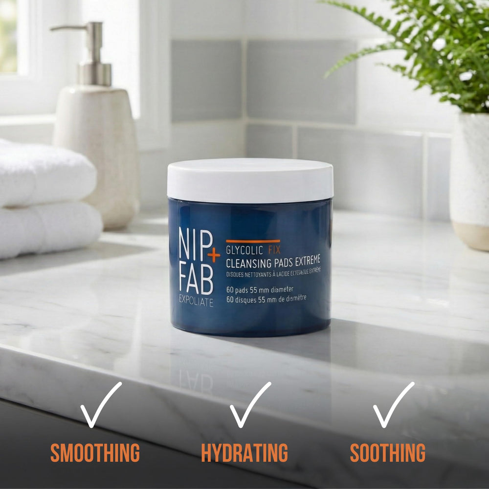 Nip+Fab tub beside everyday items showing 60-pad size