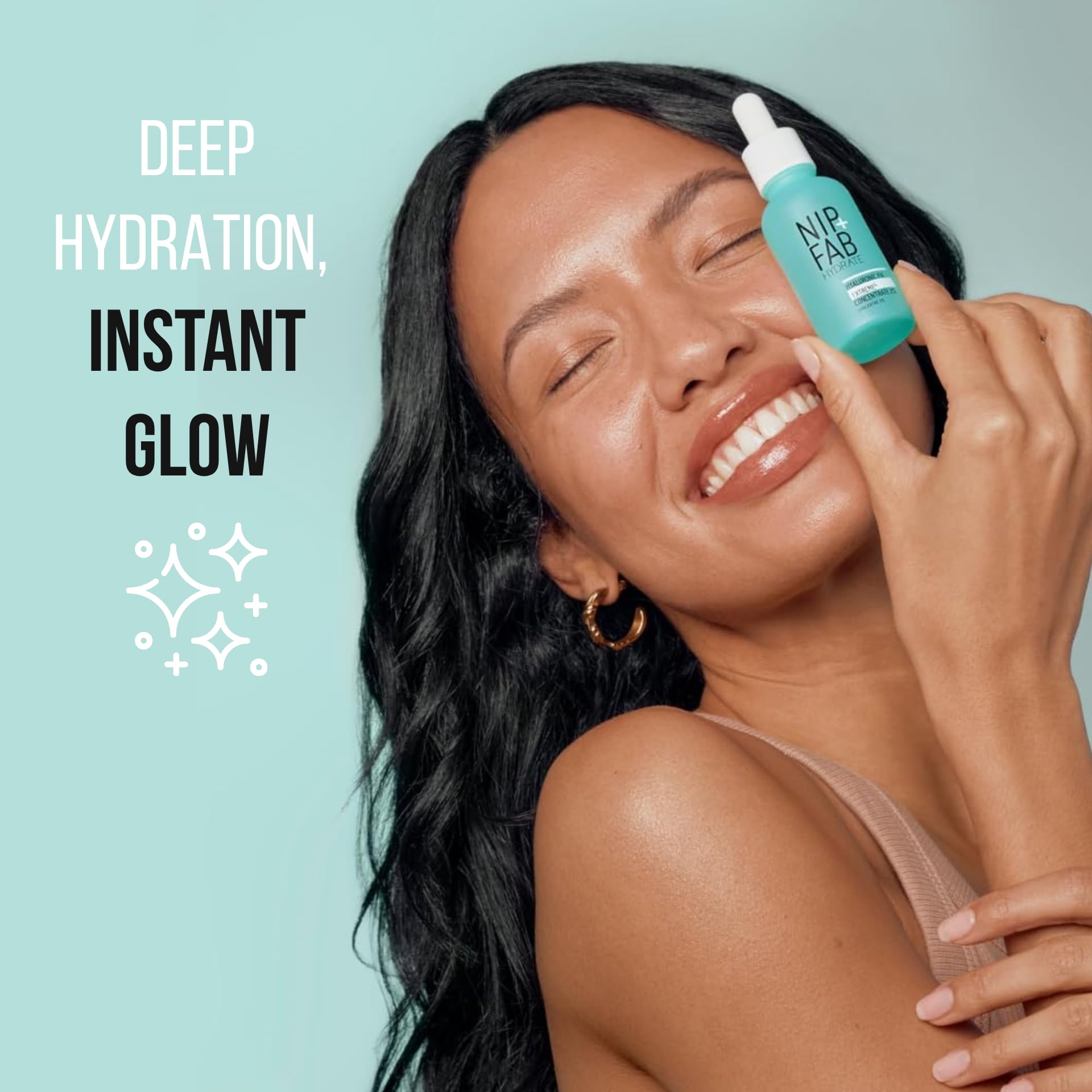 Nip+Fab ingredients display highlighting hyaluronic and polyglutamic hydration boost