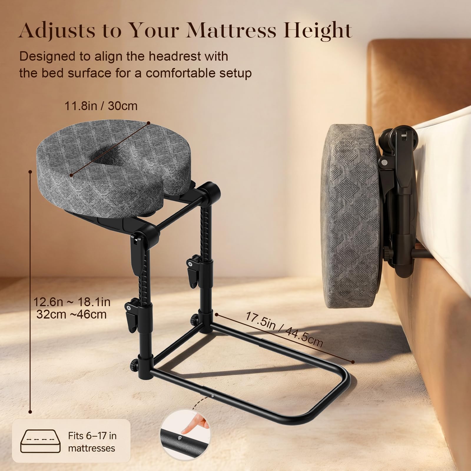 Nircuki headrest on bed showing size and scale against mattress