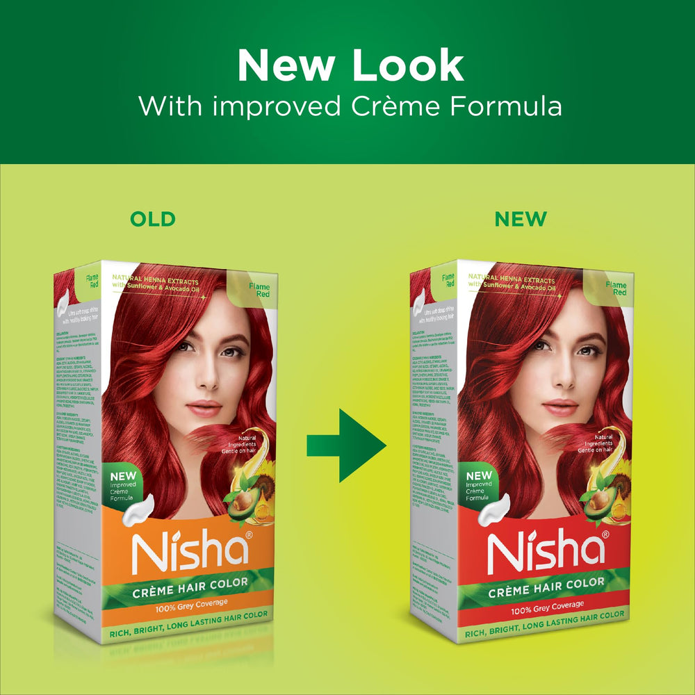 Nisha color swatches showing Flame Red variation for shade choice