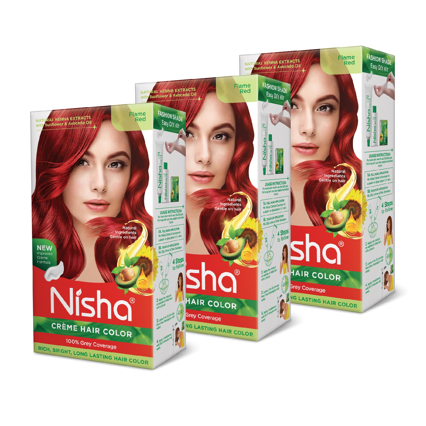 Nisha front packaging showing Flame Red and bright, lasting color