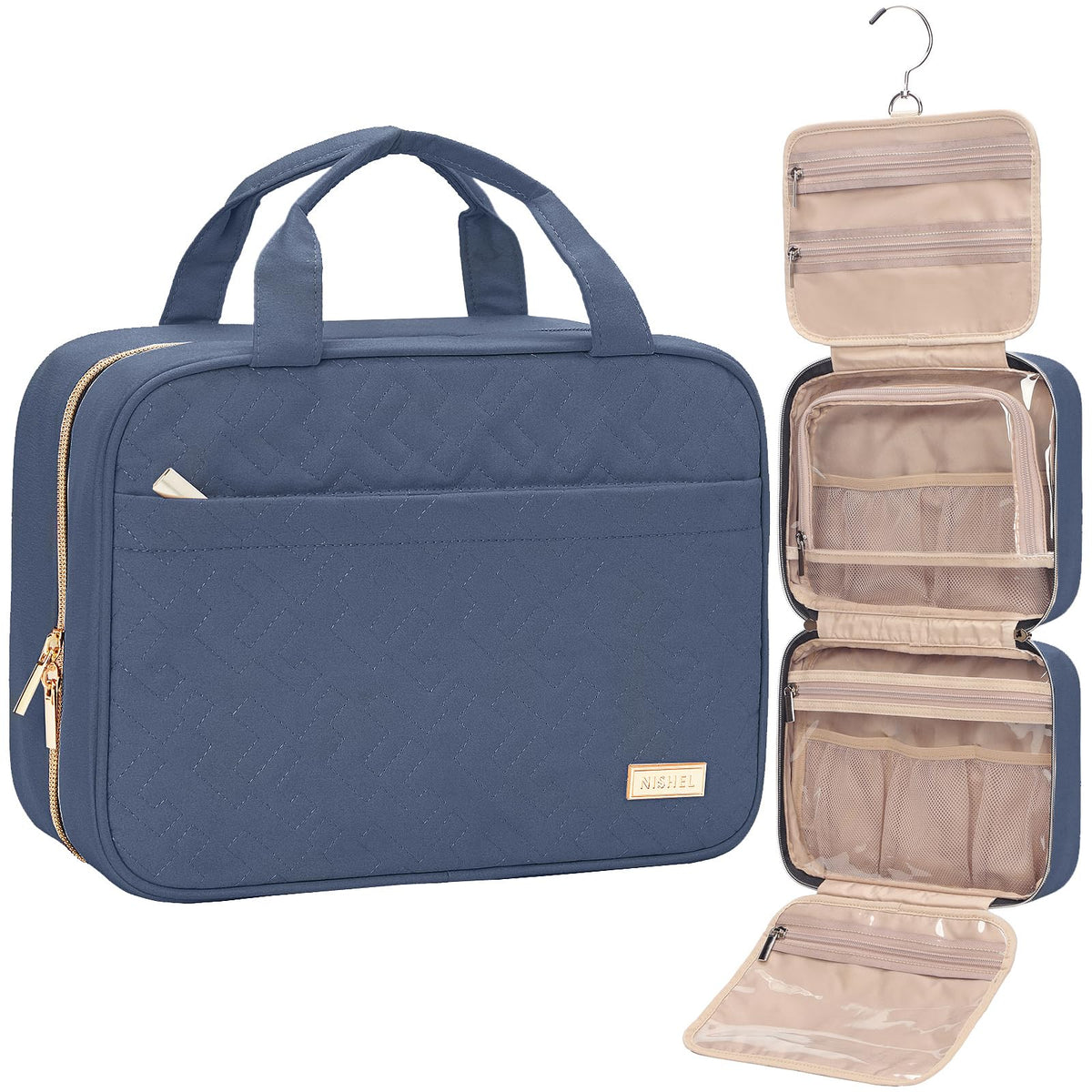 NISHEL front view showing Aegean-Blue travel bag and compact benefit
