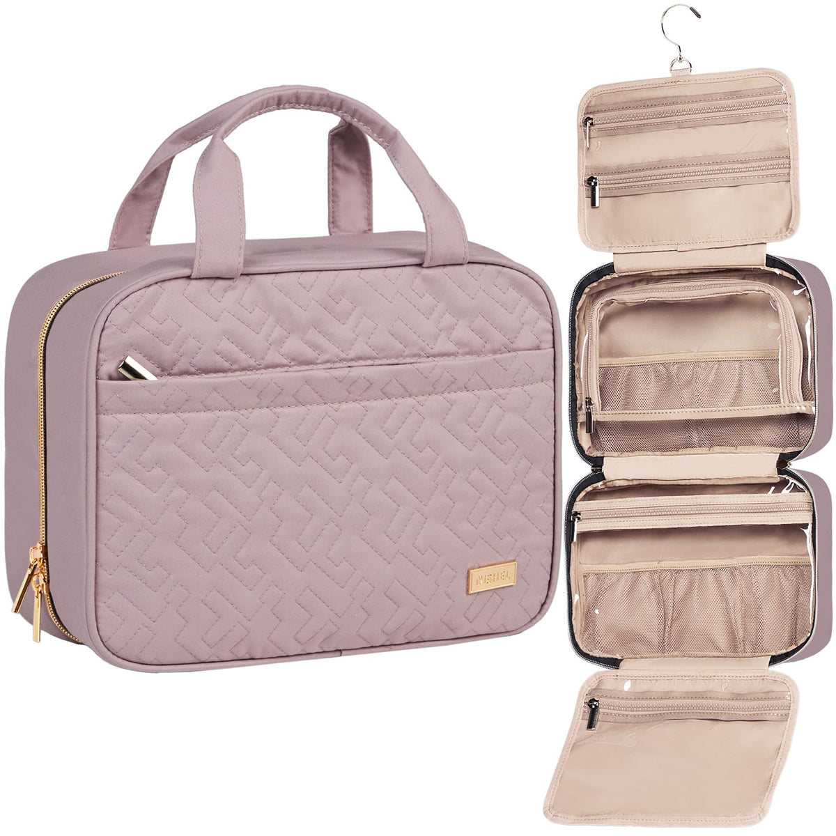 NISHEL front view showing compact toiletry bag and packed clarity benefit