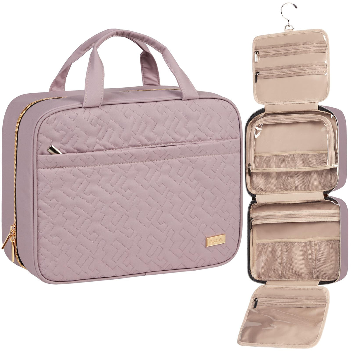 NISHEL front view showing compact closed toiletry bag and fast-access pocket benefit