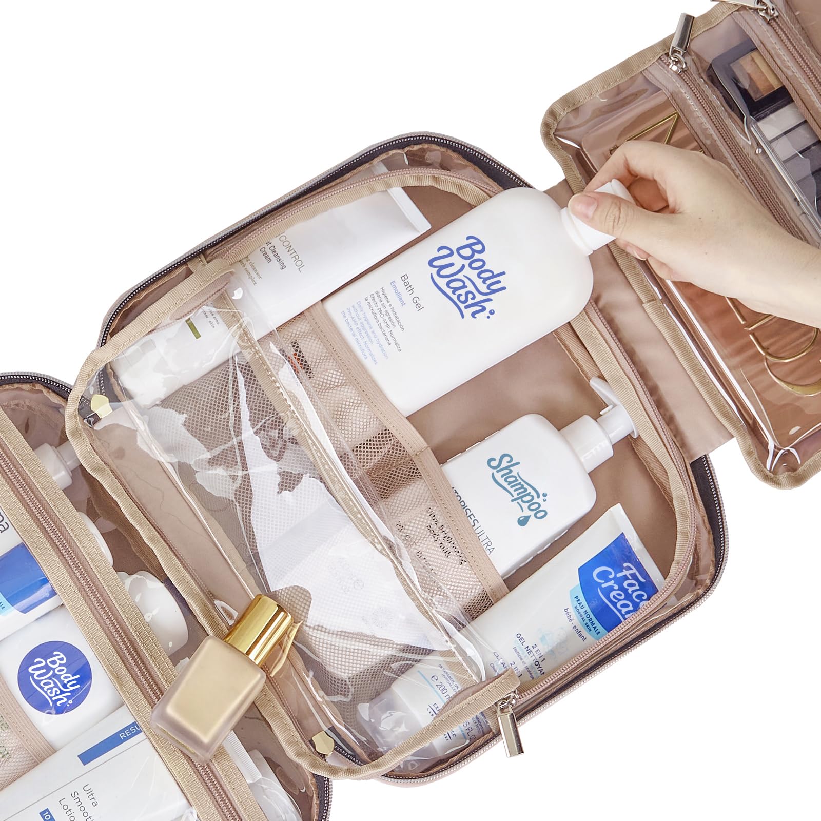 NISHEL bag next to full-size shampoo bottle showing true-to-size capacity