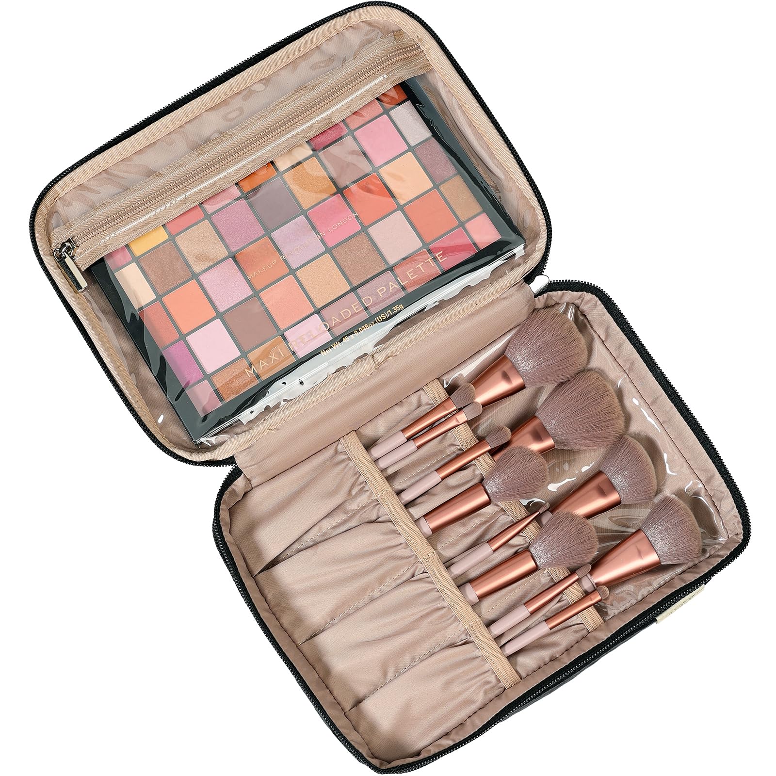 NISHEL top compartment open with brushes in slip pockets for organized storage