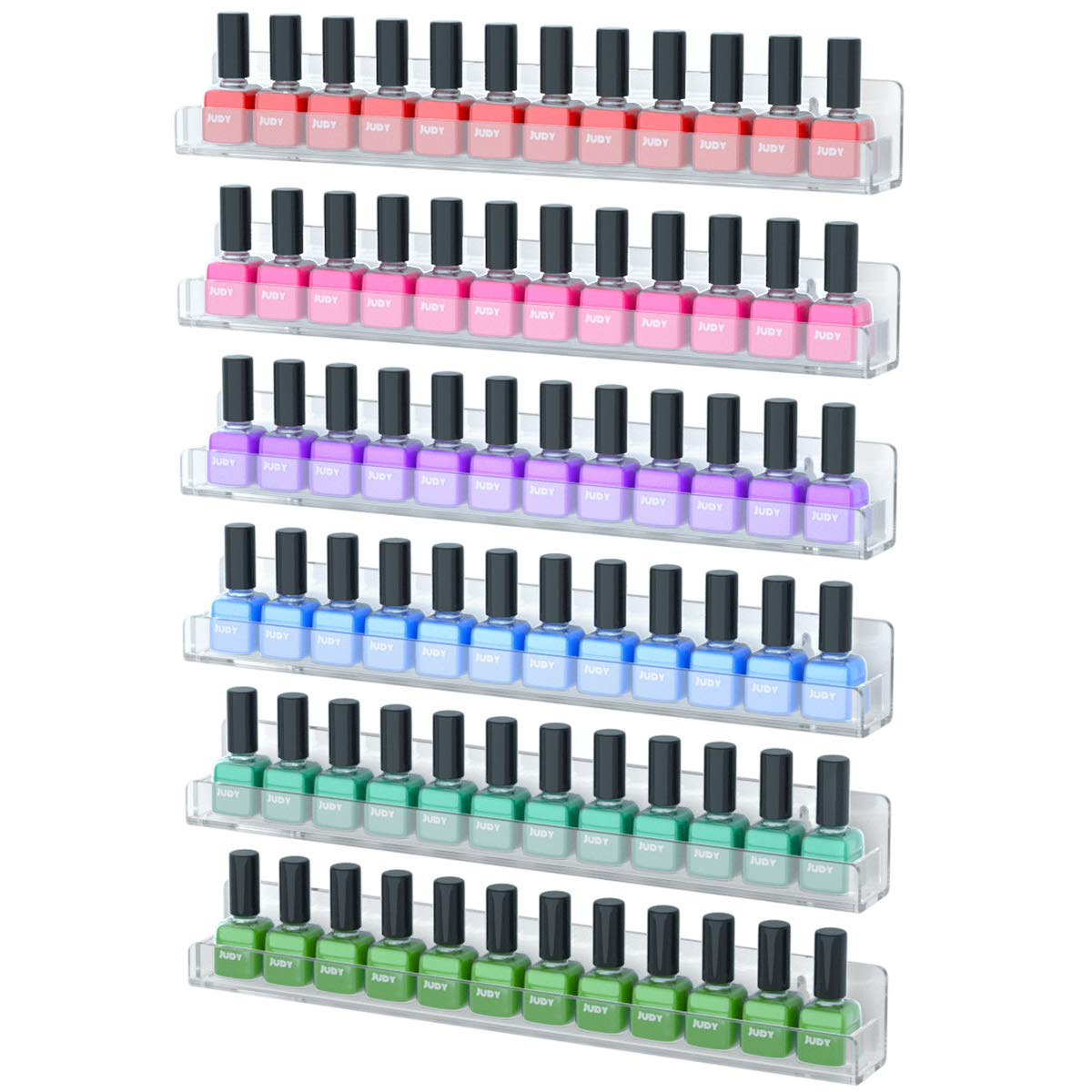 NIUBEE front view showing six clear shelves and organized polish bottles for easy selection