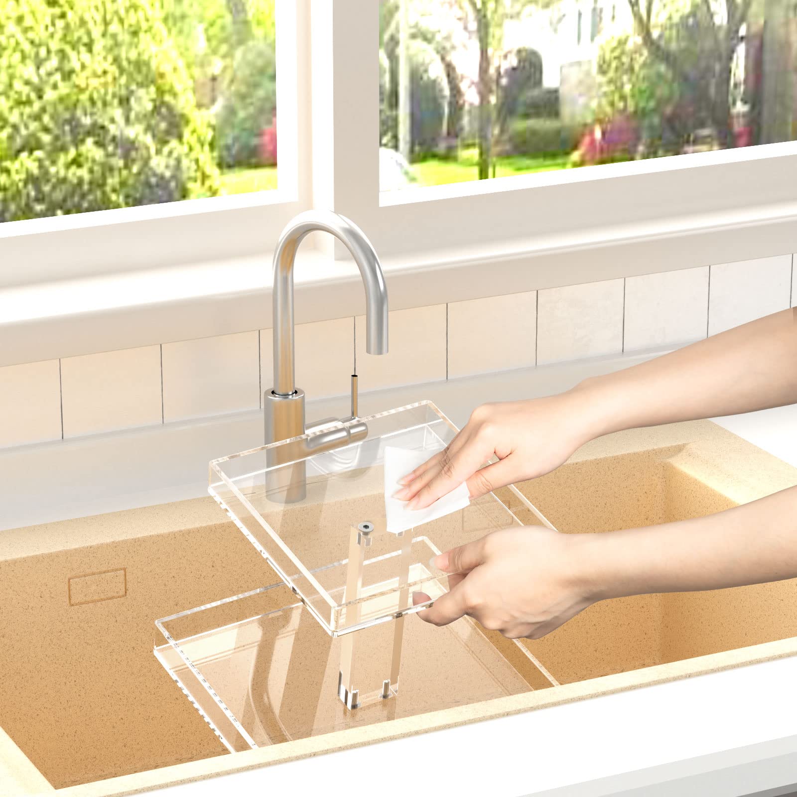 NIUBEE organizer next to hand showing scale to help choose correct countertop fit benefit