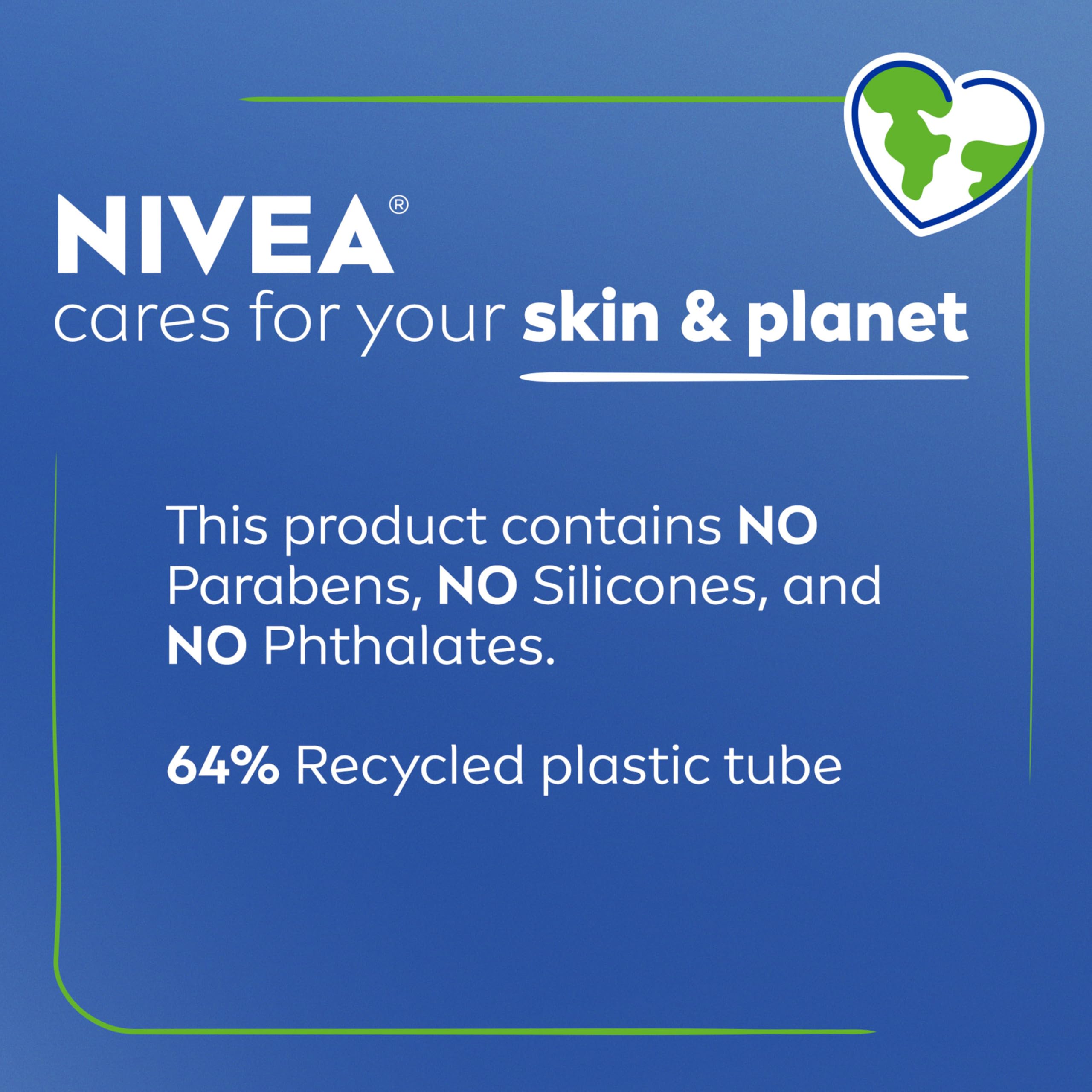 NIVEA tube label noting 64% recycled plastic packaging and eco benefit