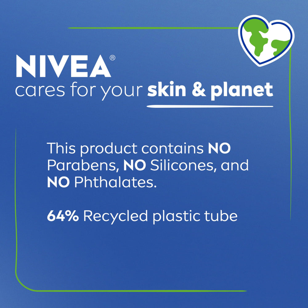 NIVEA tube label noting 64% recycled plastic packaging and eco benefit