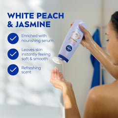 NIVEA close-up of bottle label highlighting nourishing serum and ingredient callouts