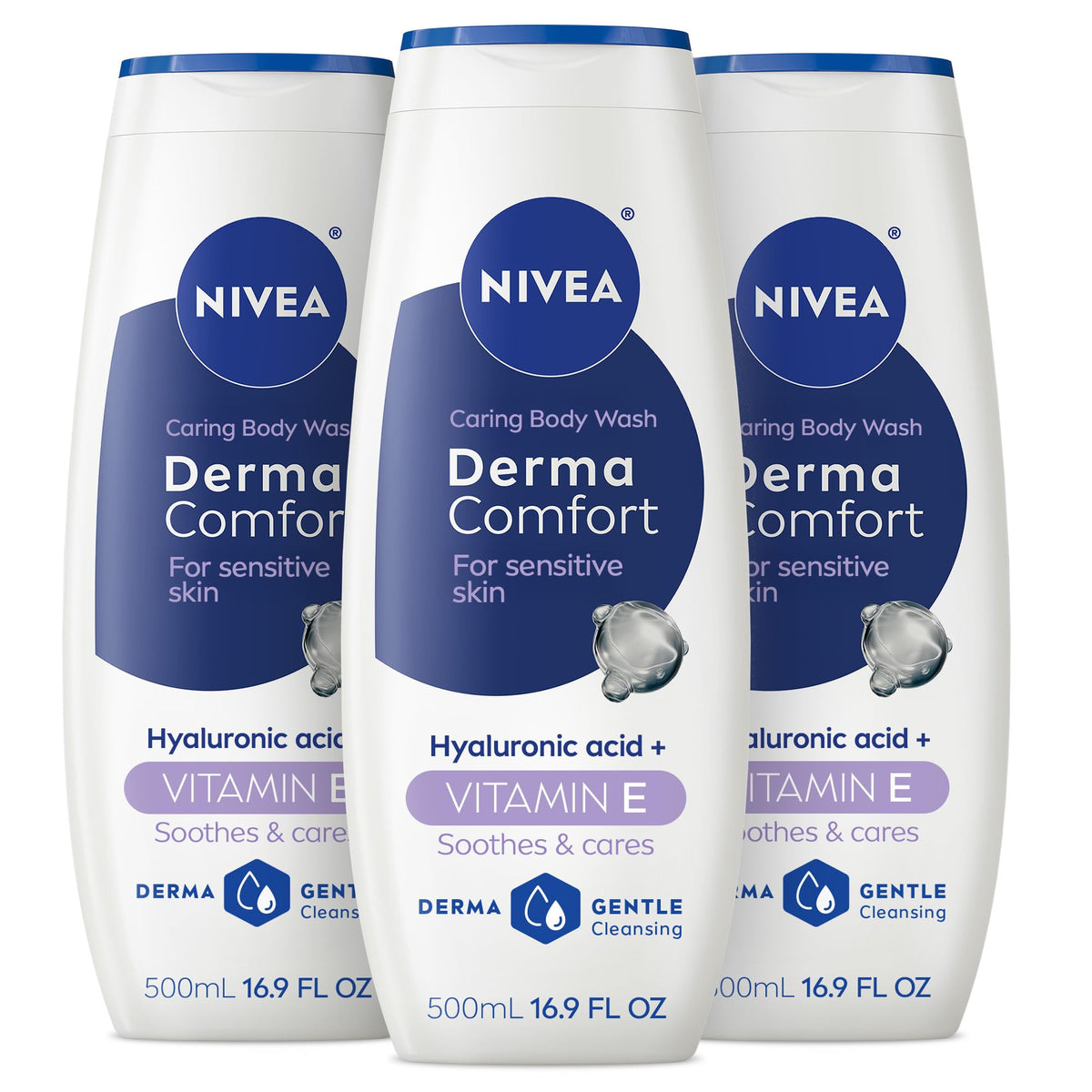 NIVEA front packaging showing bottle and gentle formula benefit