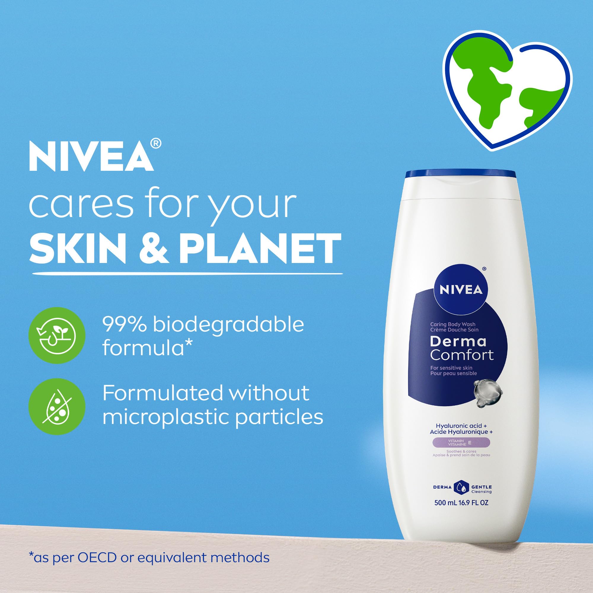 NIVEA sustainability badge highlighting biodegradable formula benefit