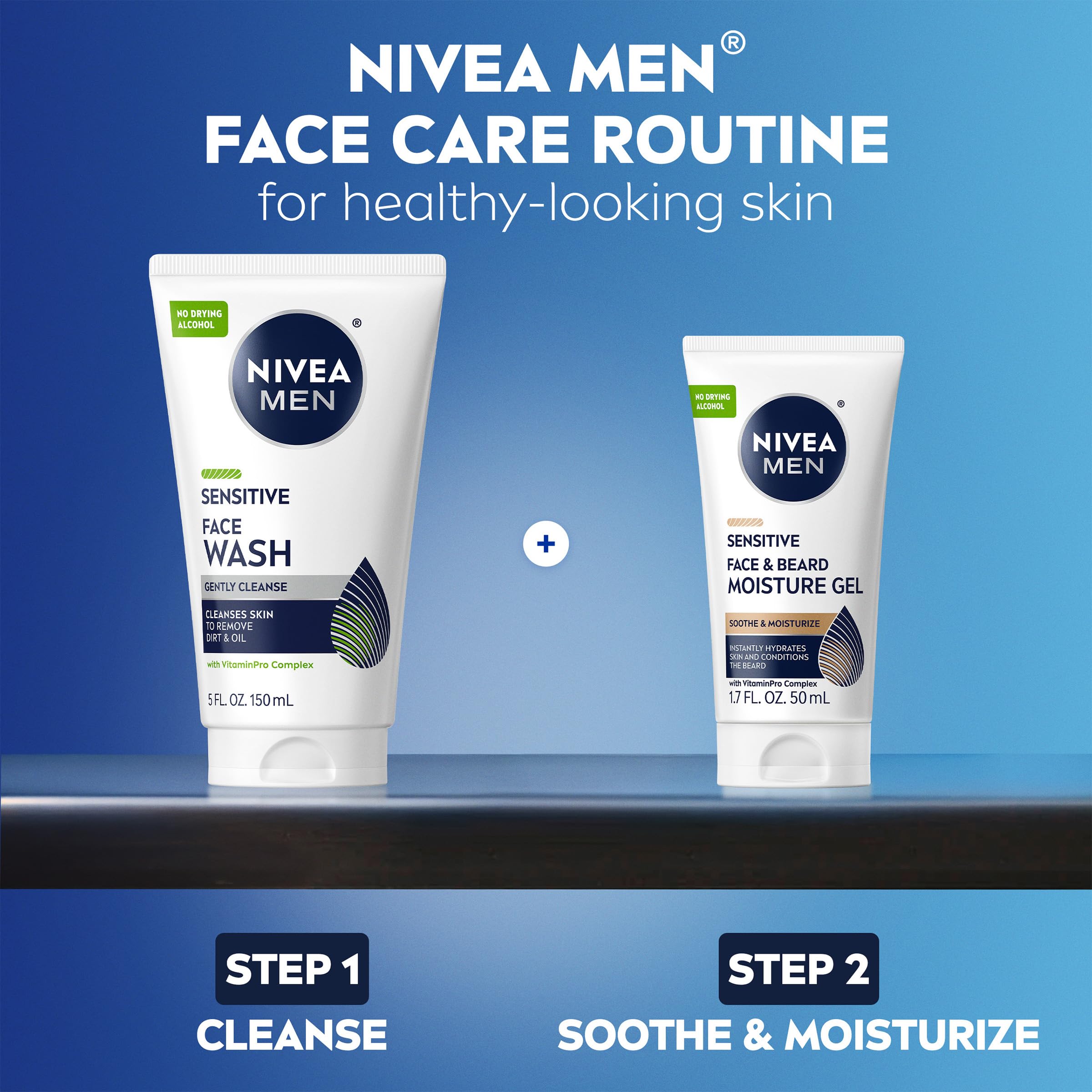 NIVEA MEN tubes styled on bathroom shelf conveying daily grooming routine benefit