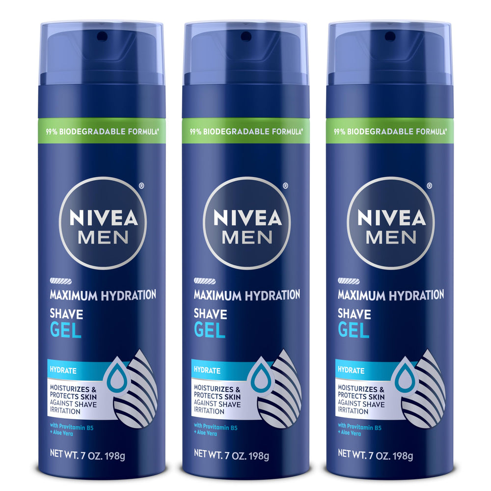 NIVEA MEN front packaging showing three cans and brand hydration benefits