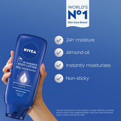 NIVEA pump close-up with lotion texture highlighting almond oil benefit