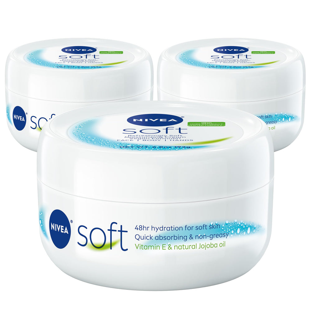 NIVEA Soft front packaging showing three jars and brand clarity for easy storage