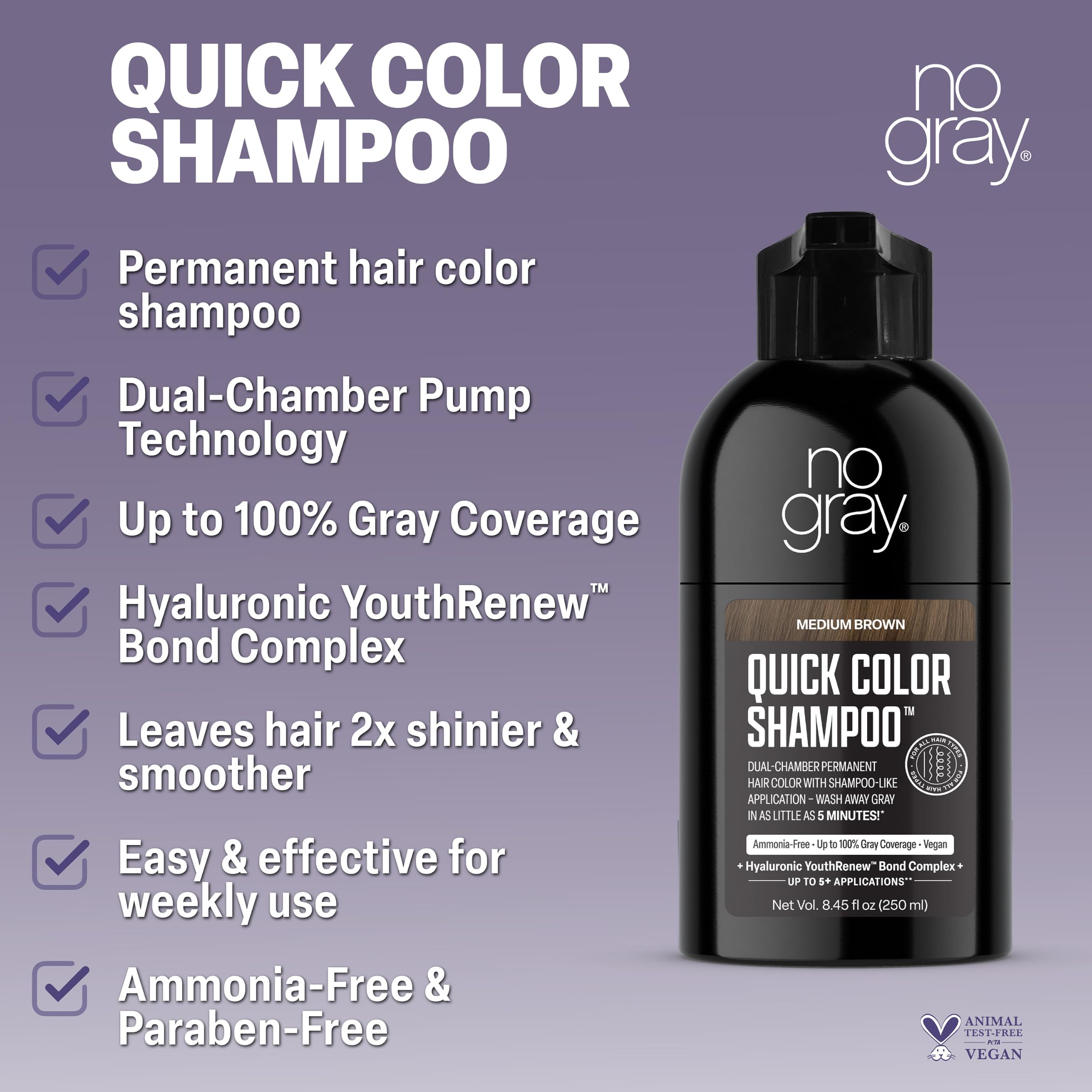 No Gray label close-up showing ammonia-free, vegan benefits clearly