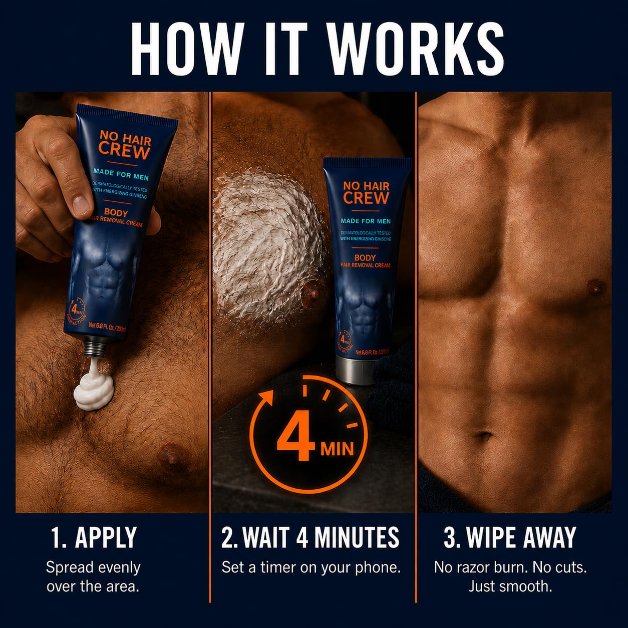 No Hair Crew after removal smooth chest showing hydrated, hair-free skin