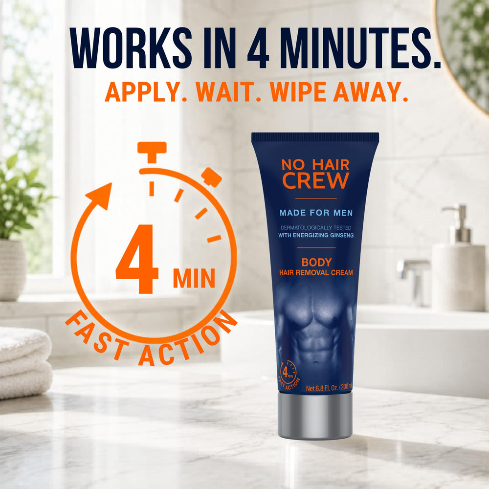 No Hair Crew lifestyle image in bathroom showing quick at-home grooming