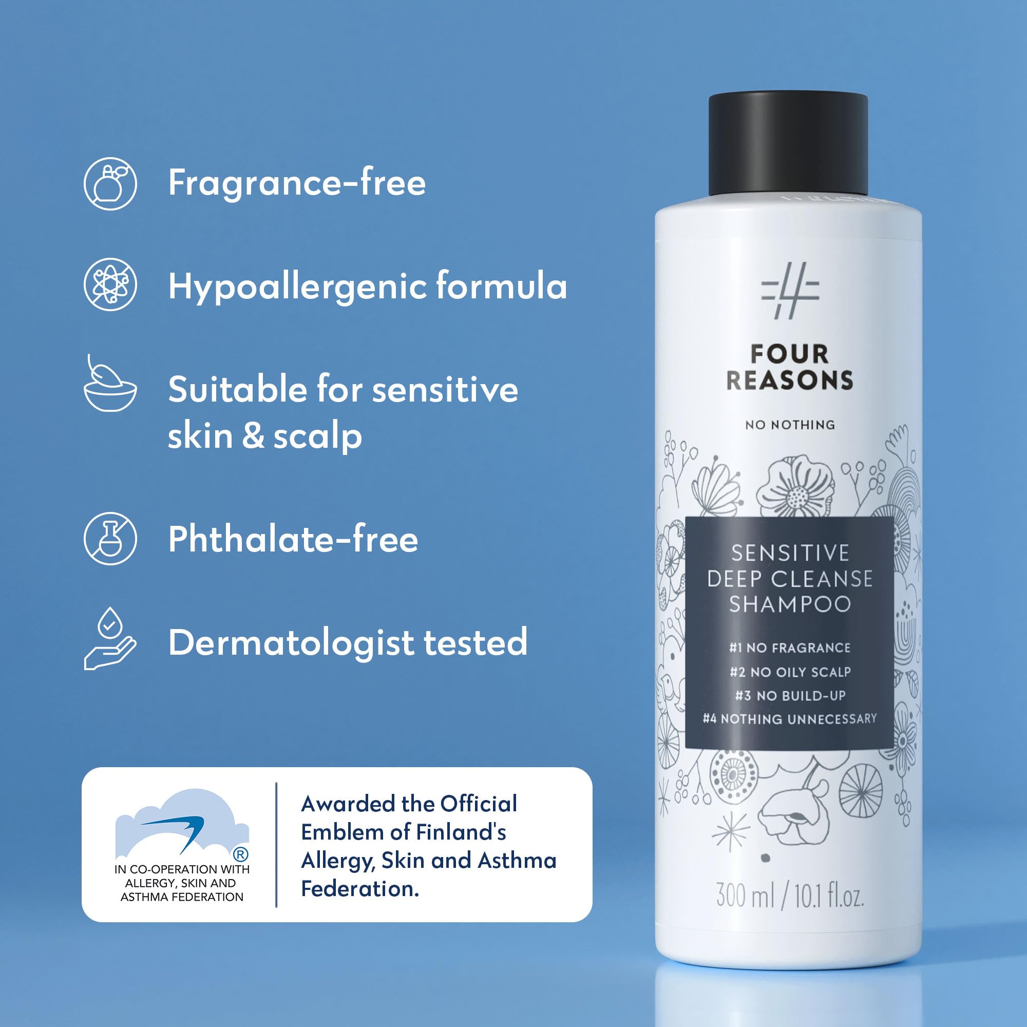 No nothing bottle on bathroom shelf suggesting minimalist routine and calm scalp