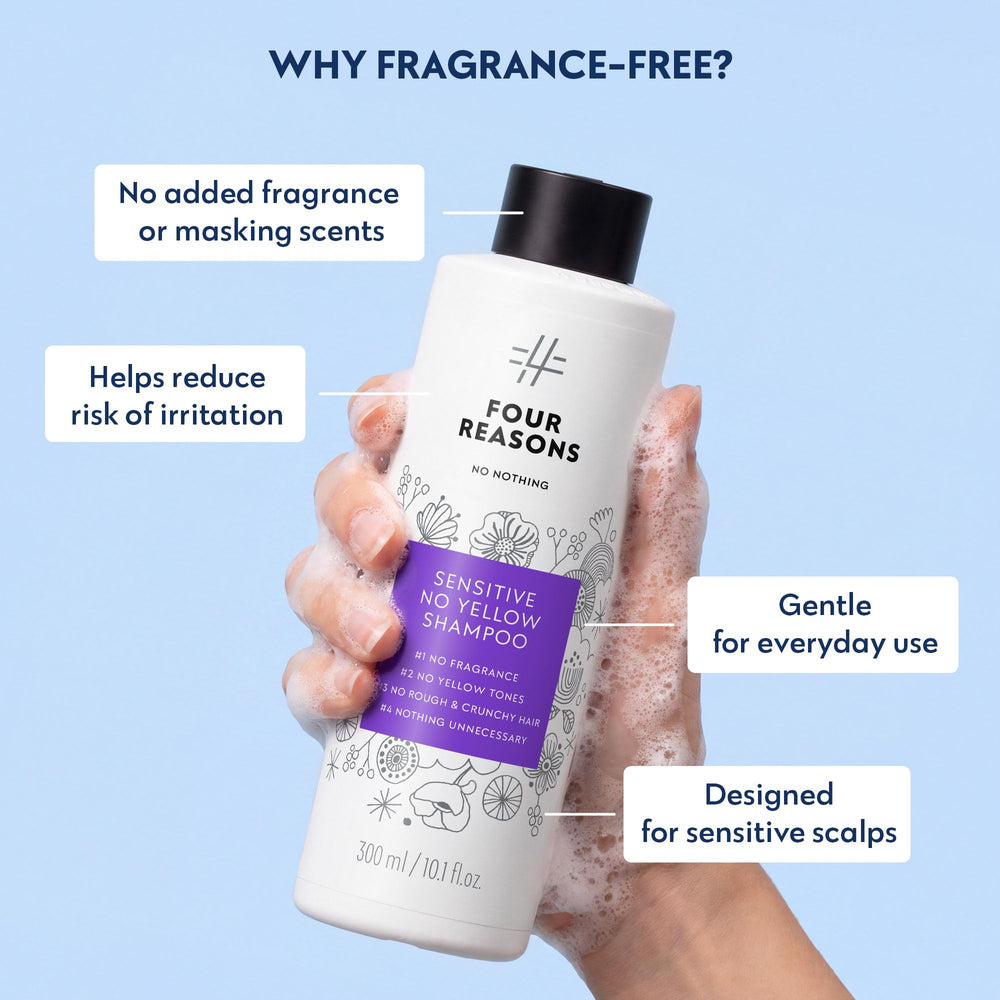 No nothing bottle on bathroom shelf in minimalist setting conveying fragrance-free routine