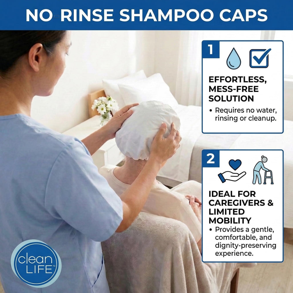 No-Rinse Cleanlife cap in use bedside demonstrating easy, waterless hair cleansing