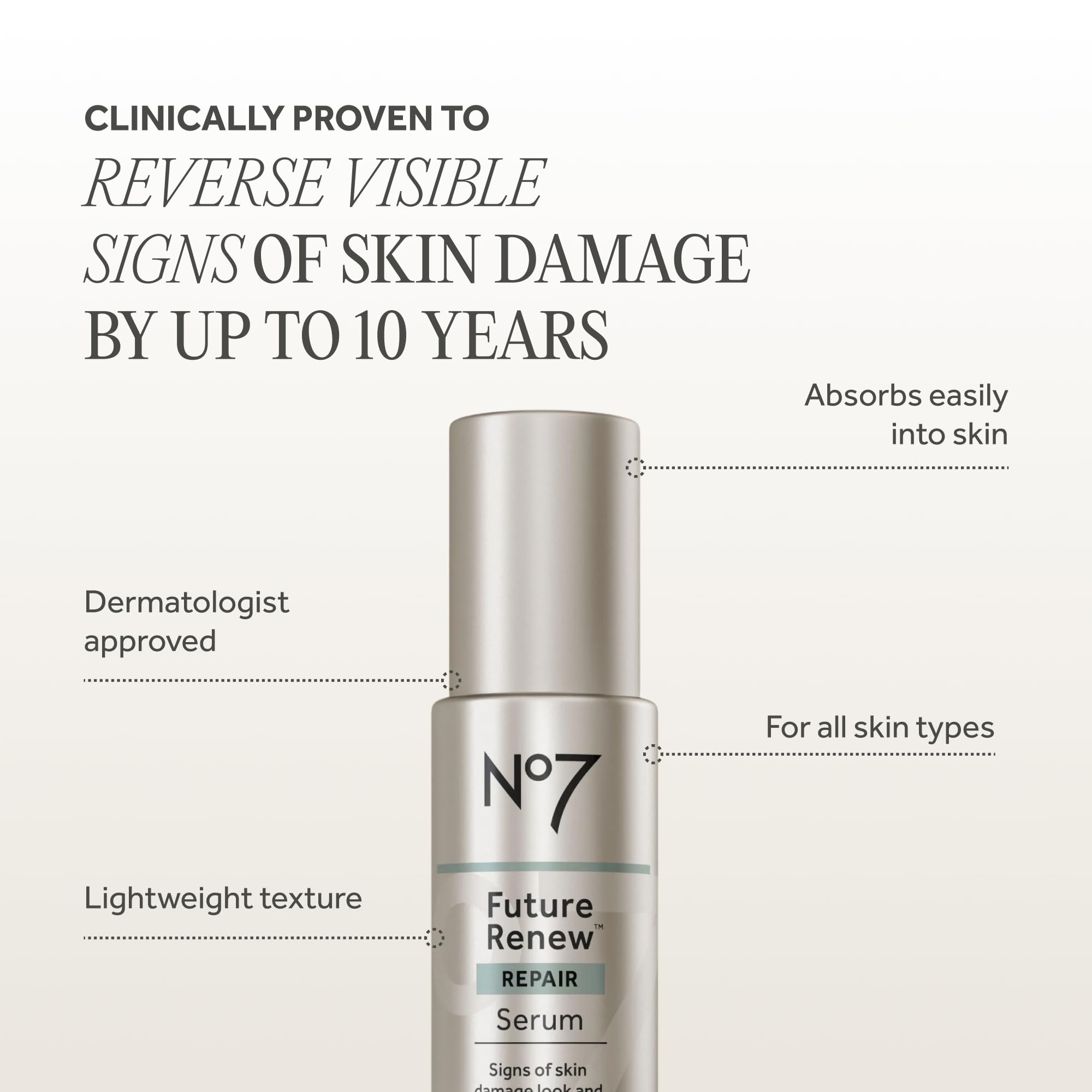 No7 glass bottle on neutral background conveying premium skincare benefit