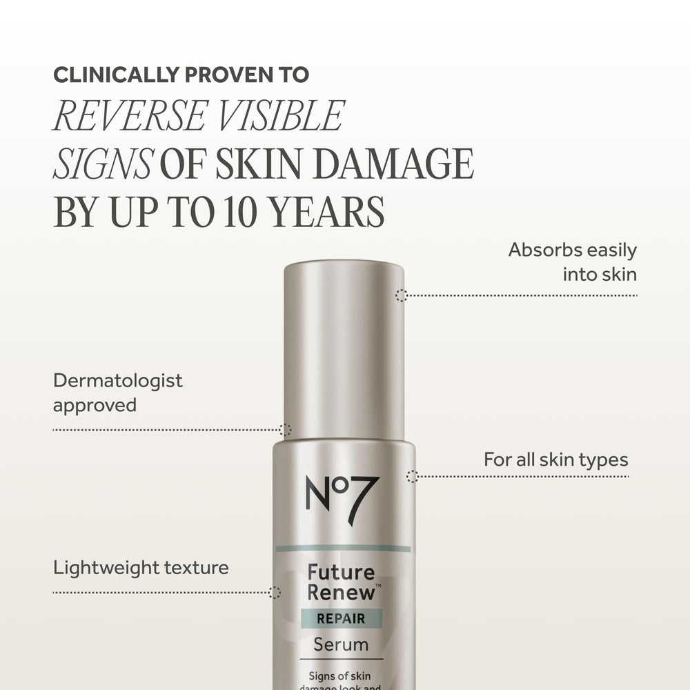 No7 glass bottle on neutral background conveying premium skincare benefit