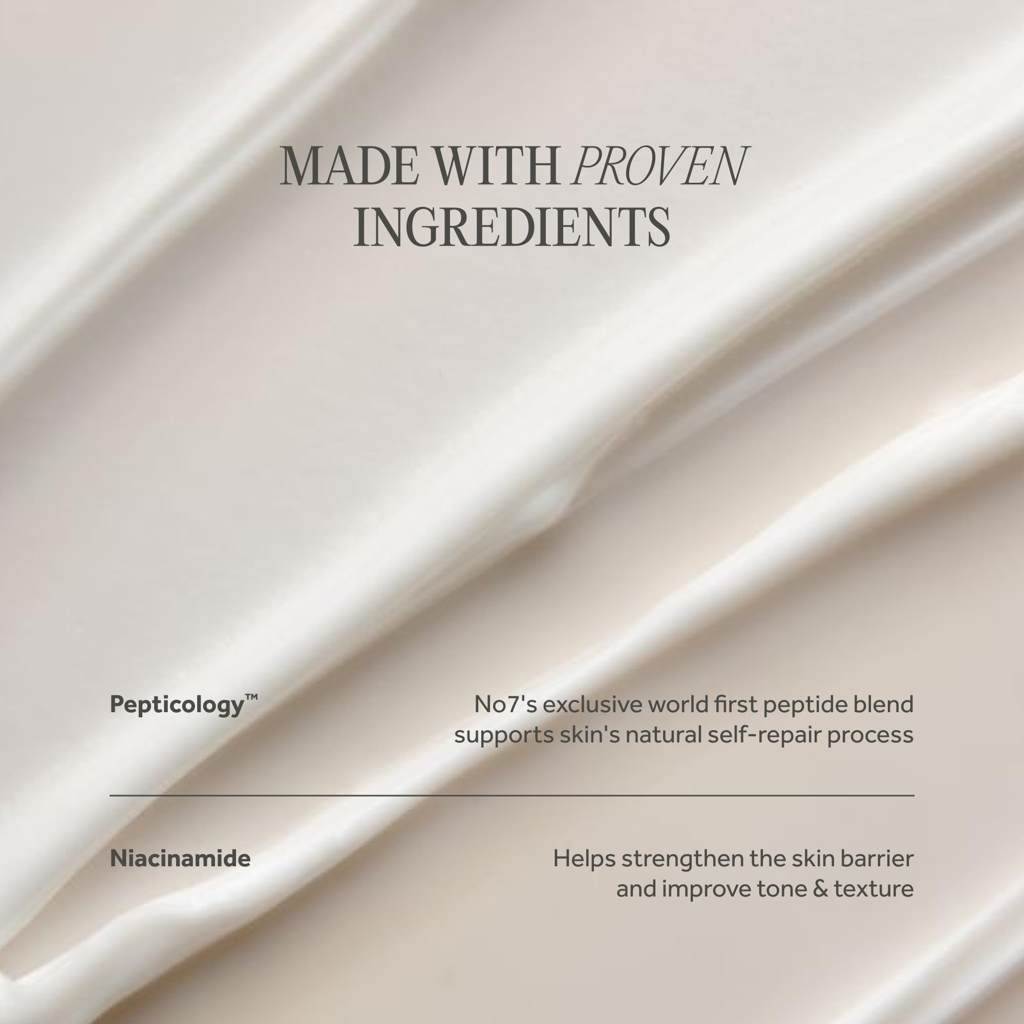 No7 ingredients label close-up showing peptide blend transparency