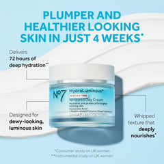 No7 hydraluminous+ cream texture close-up showing airy whipped finish and quick absorption