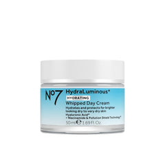 No7 hydraluminous+ whipped day cream jar front view, clear branding and compact size