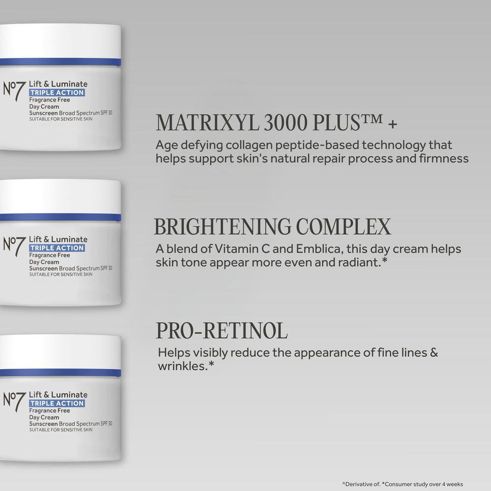 No.7 label detail showing SPF 30 protection and brightening claims for daytime use