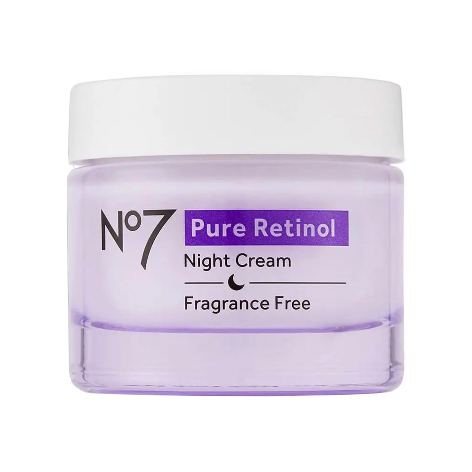 No7 front jar showing Pure Retinol Night Cream for overnight renewal