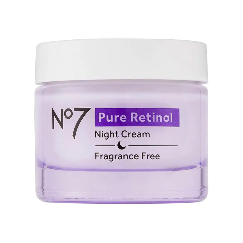 No7 front jar showing Pure Retinol Night Cream for overnight renewal