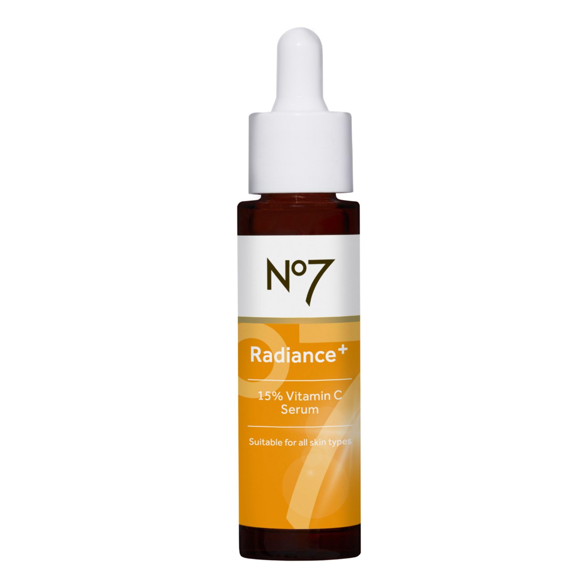 No7 Radiance+ front bottle showing compact 0.84 oz size and brightening benefit