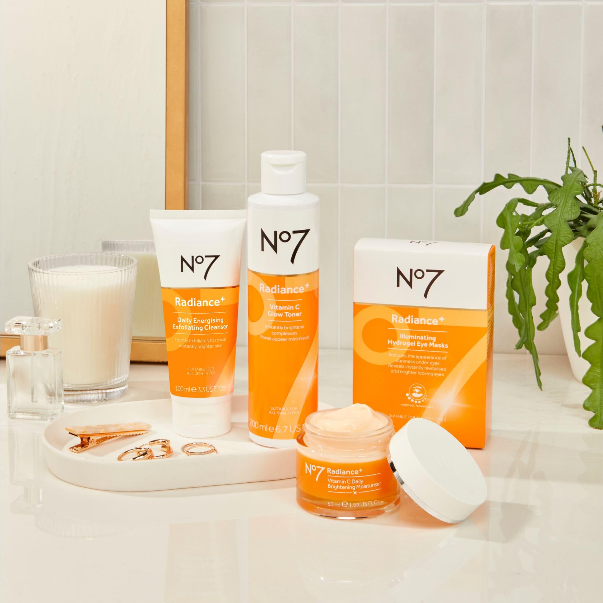 No7 Radiance+ styled in morning routine scene conveying boost to daily glow