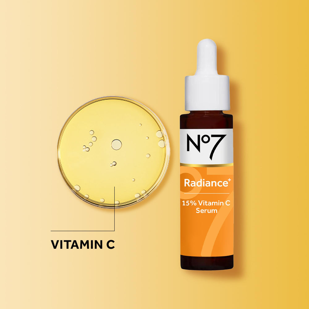 No7 Radiance+ placed on bathroom shelf alongside skincare for routine-ready use