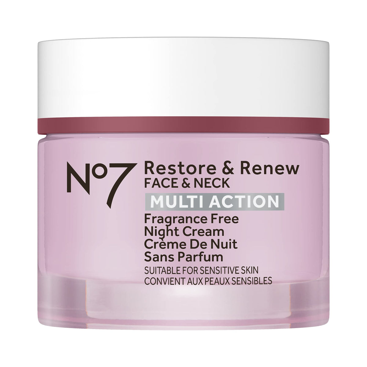 No7 jar front view showing Restore & Renew branding and size benefit