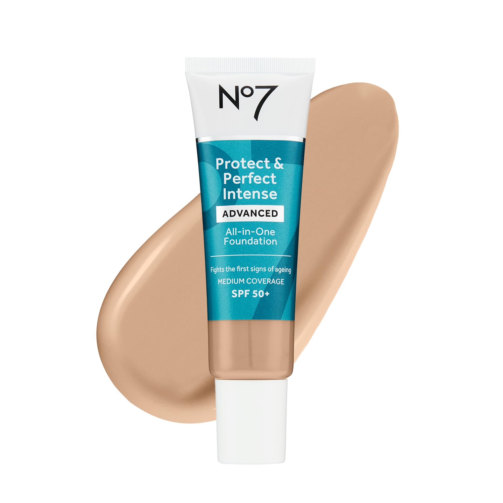 No7 front bottle showing Warm Ivory shade and easy dispensing benefit