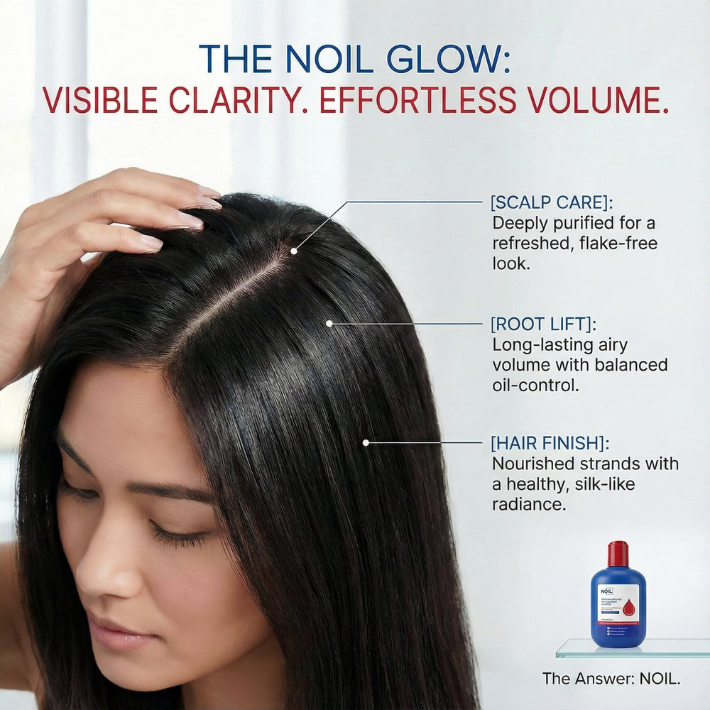 NOIL bottle beside towel to show size and travel-friendly 300 mL benefit