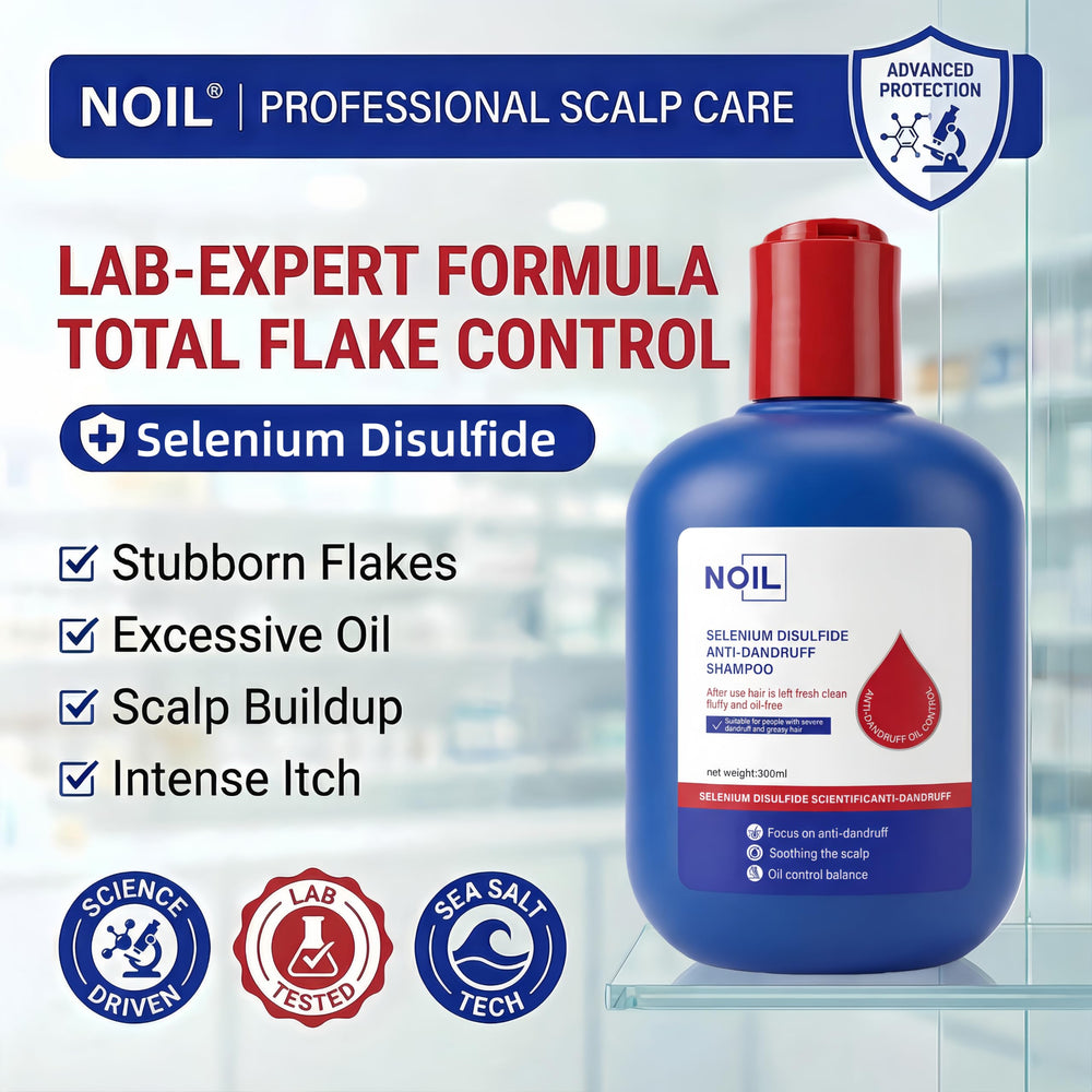 NOIL label close-up highlighting selenium sulfide 0.5% active ingredient benefit