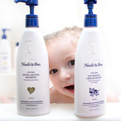 Noodle & Boo label close-up showing ingredient highlights and dermatologist-tested reassurance