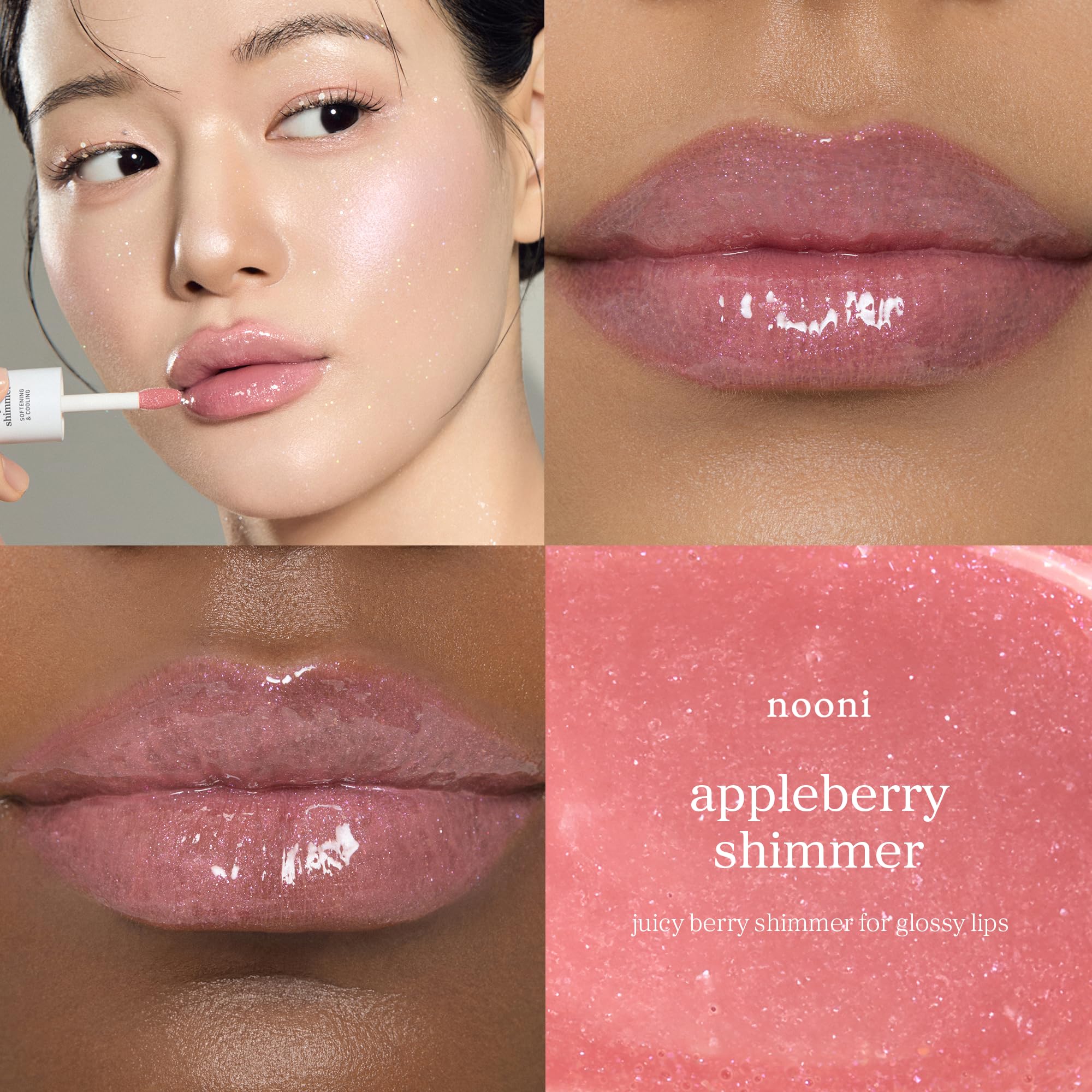 NOONI red shade on lips highlighting radiant color and shine