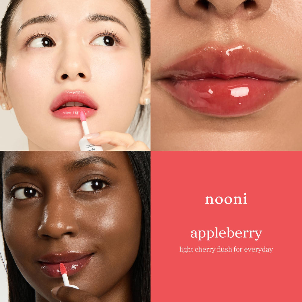 NOONI Appleberry on lips in daylight showing personalized berry tint and glossy boost