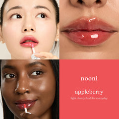 NOONI Appleberry on lips in daylight showing personalized berry tint and glossy boost