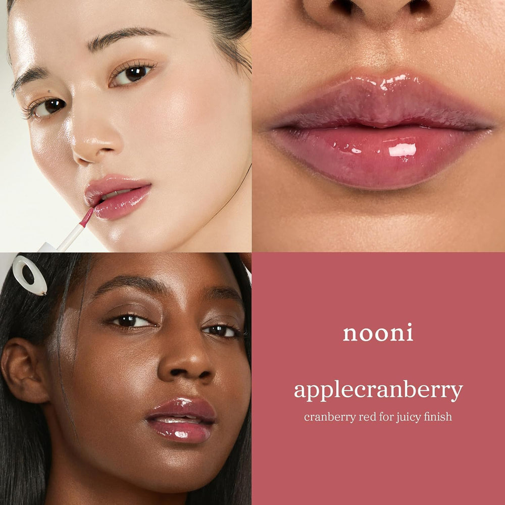 NOONI Applecranberry on lips close-up showing natural pH-reactive tint and subtle plump