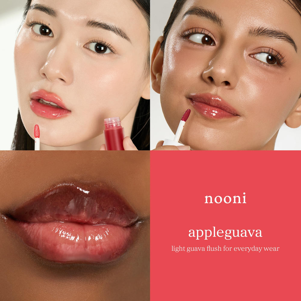 NOONI on-lips swatches demonstrating appleguava color shift and flattering glow