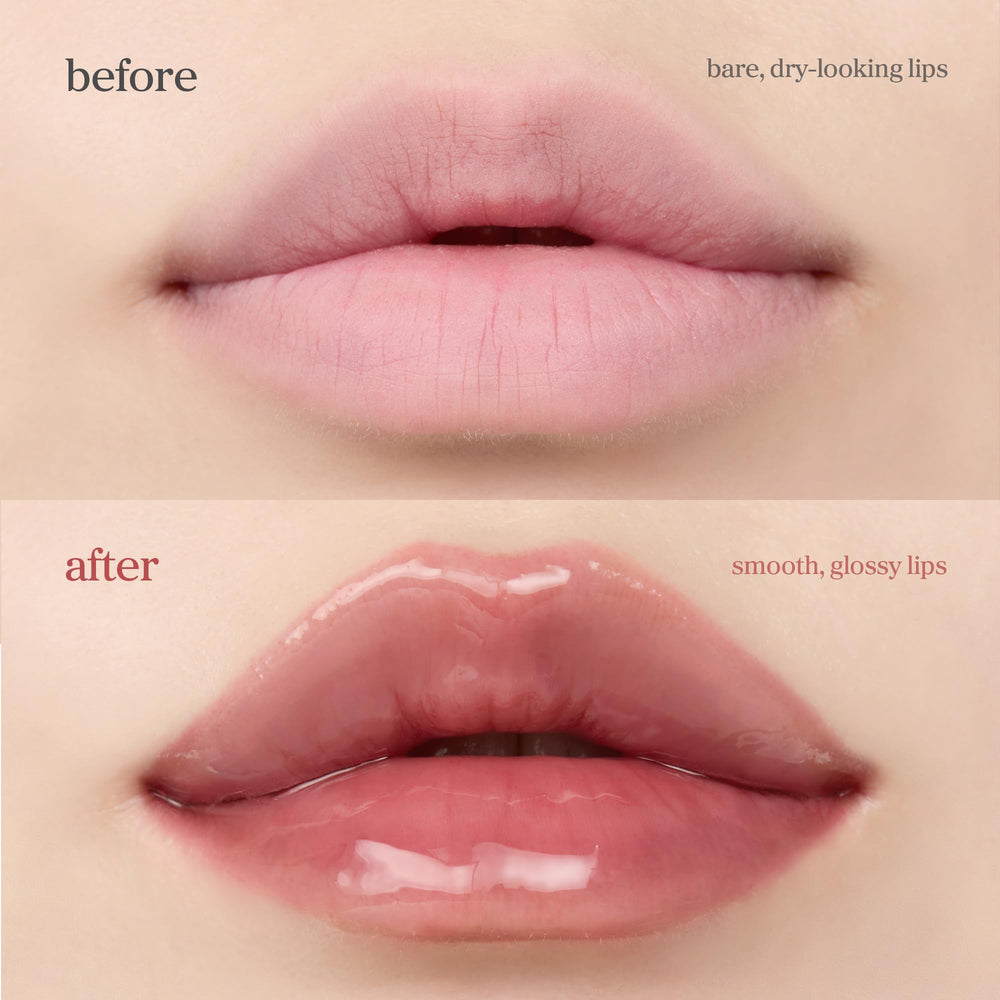 NOONI before and after comparison demonstrating smoother lips and visible shine benefit